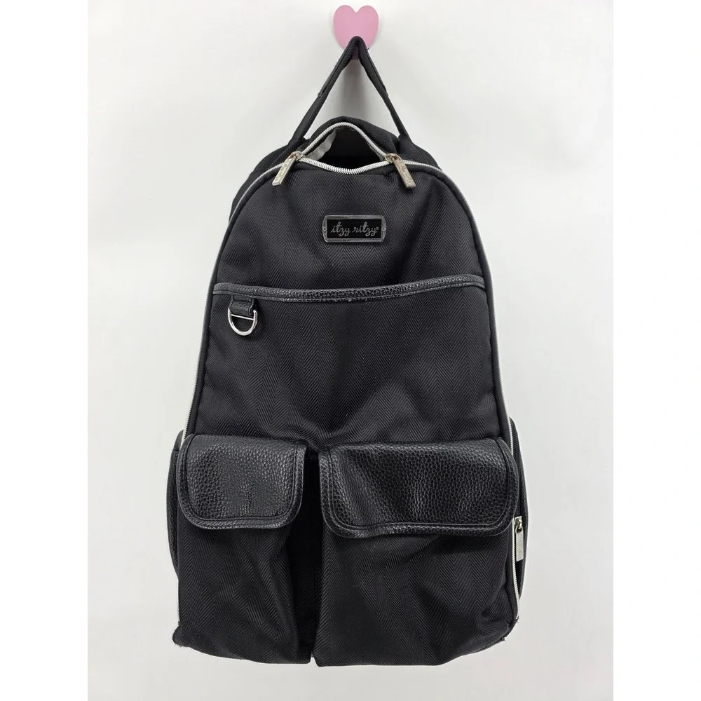 Itzy Ritzy Boss Backpack Diaper Bag Black Herringbone Silver Hardware
